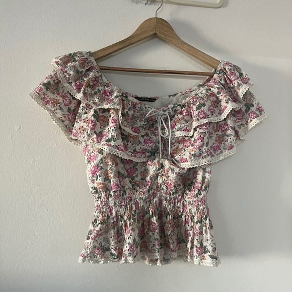 Guess Tops - Guess Floral Eyelet Ruffle Scoop Neck Smocked Peplum Top XL Blouse Prairie Boho